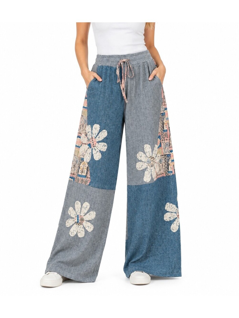 David and Dani Blue Multi Patchwork Floral Lace Wide Leg Boho Pants M NWT